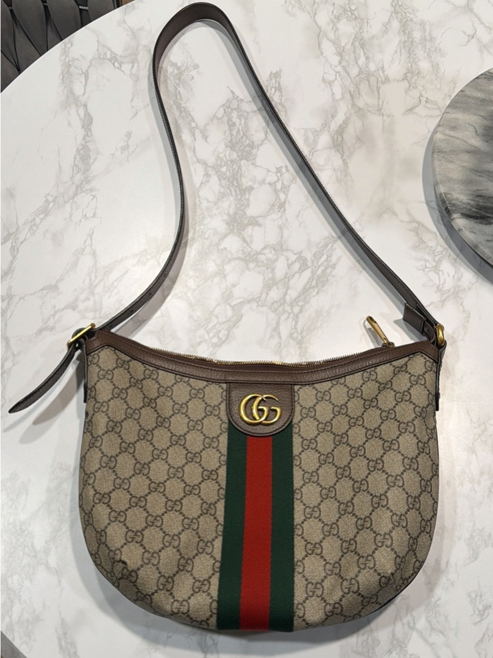 Gucci GG Supreme Monogram Web Small Ophidia Half Moon Hobo Brown